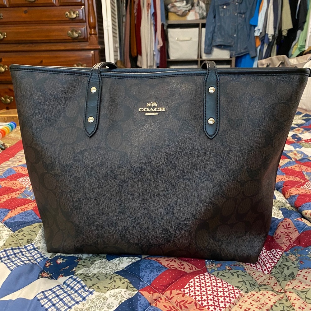 Dark Brown Coach Zip Top Tote
